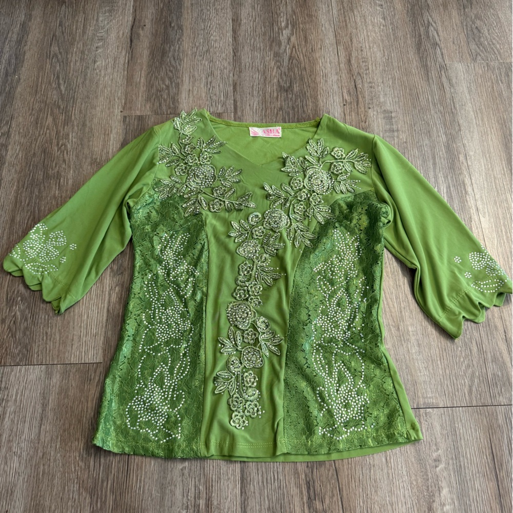 Y2K Asha Collection Green Lace Rhinestone Top Fairycore Glam